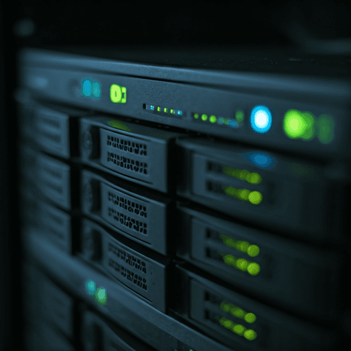 A macro cinematic photograph of high-end server hardware in a dark data center environment. Glowing green and blue LED status indicators are reflected on polished black surfaces, creating a high-tech atmosphere. The depth of field is shallow, focusing on the intricate details of the server rack cooling vents and networking ports, embodying the Fluo IT premium engineering aesthetic.